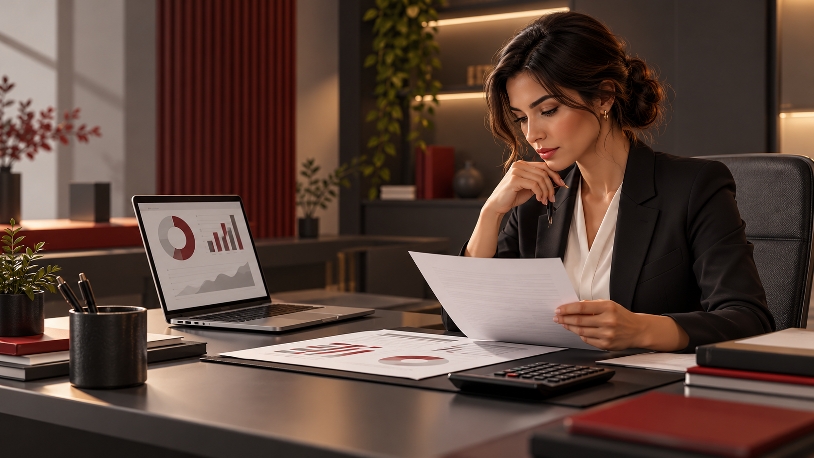 Contadora analisando documentos e indicadores financeiros